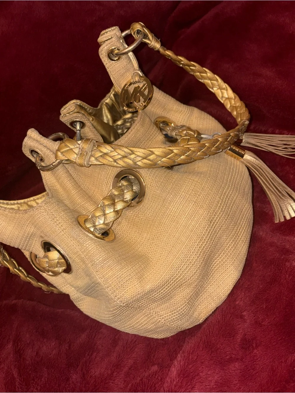 Michael Kors Tan Braided Tassel Hobo with Gold-Tone MK Charm- Vintage